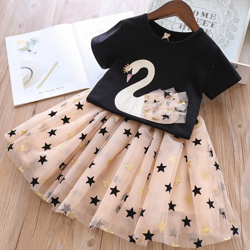 Swan Lace T-shirt+Star Tulle Skirt 2Pcs Set