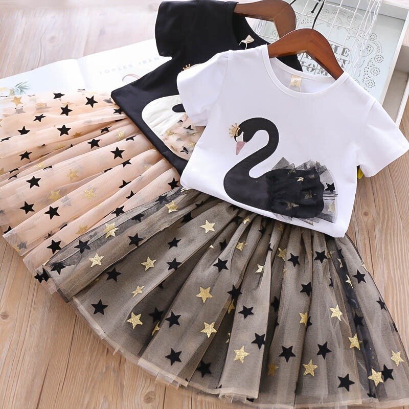 Swan Lace T-shirt+Star Tulle Skirt 2Pcs Set