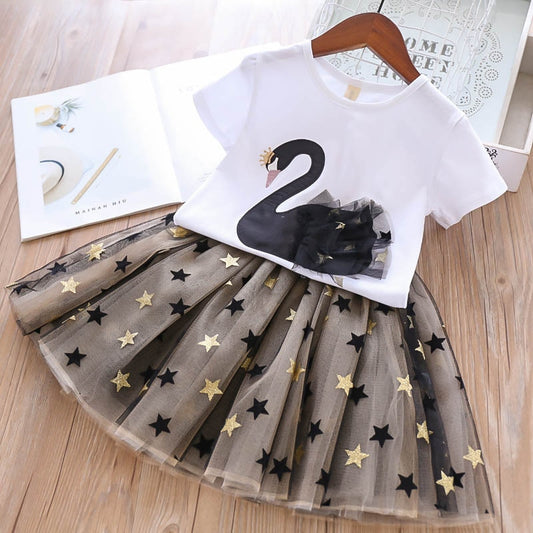 Swan Lace T-shirt+Star Tulle Skirt 2Pcs Set