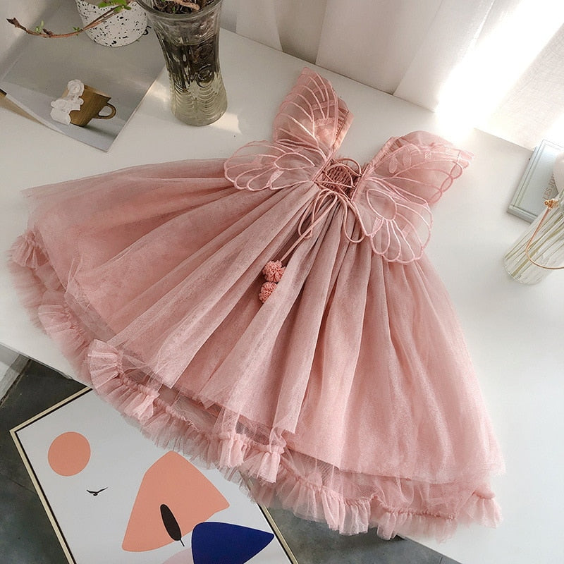 Short Flare Sleeves Pink Open Back Butterfly